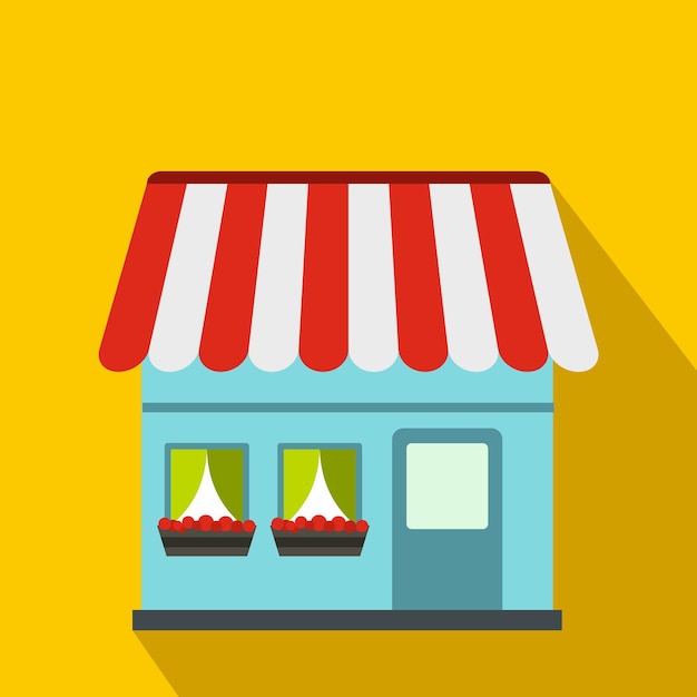 Icono de edificio de tienda en estilo plano sobre un fondo amarillo