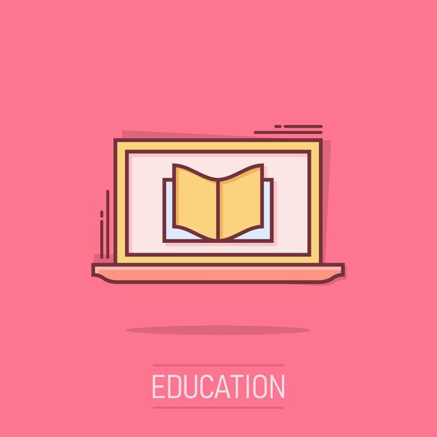 Icono de educación elearning en estilo cómico Estudio vector dibujos animados ilustración pictograma Computadora portátil capacitación en línea concepto de negocio efecto de salpicadura