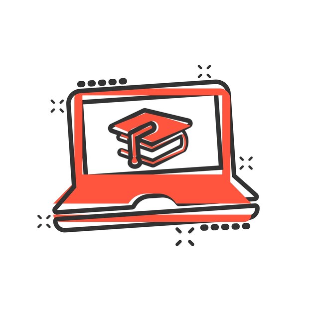 Icono de educación elearning en estilo cómico Estudio vector dibujos animados ilustración pictograma Computadora portátil capacitación en línea concepto de negocio efecto de salpicadura