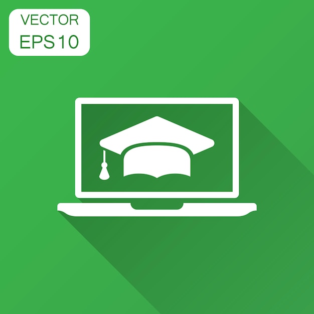 Icono de educación electrónica en estilo plano Ilustración vectorial de estudio con sombra larga Computadora portátil concepto de negocio de capacitación en línea