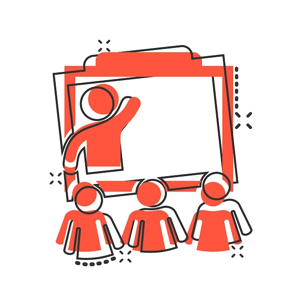 Icono de educación de formación en estilo cómico Personas seminario vector dibujos animados ilustración pictograma Escuela aula lección concepto de negocio efecto de salpicadura
