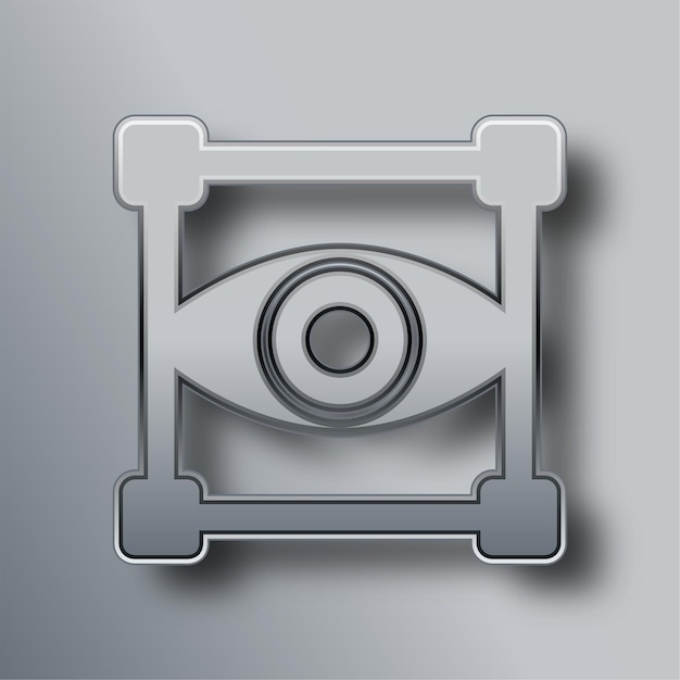 El icono elegante de la lente de la cámara de metal plateado con fondo gris