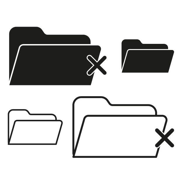Icono de eliminación de carpeta Símbolo de eliminación de archivo Icono vectorial de documento Carpetas en blanco y negro