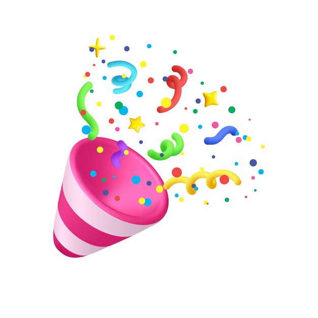 Icono de emoticon de popper de fiesta 3D con confeti aislado en fondo blanco