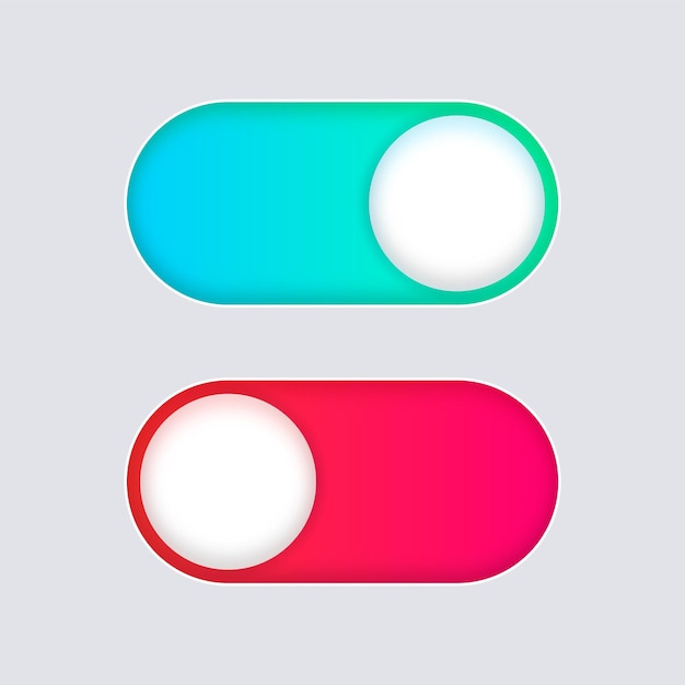 Icono de encendido y apagado de los botones de interruptor en colores verde y rojo o conjunto de botones deslizantes del conmutador