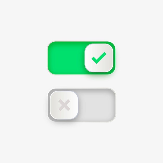 Icono de encendido y apagado de los botones del interruptor con el símbolo de marca de verificación verde sí o el conjunto de botones deslizantes del conmutador