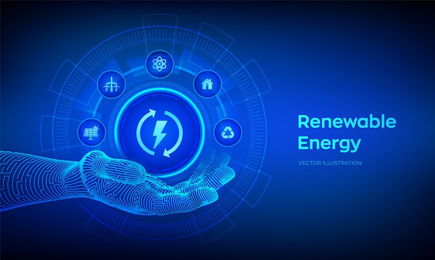 Icono de energía renovable en mano robótica. Fuentes de energía para renovables.
