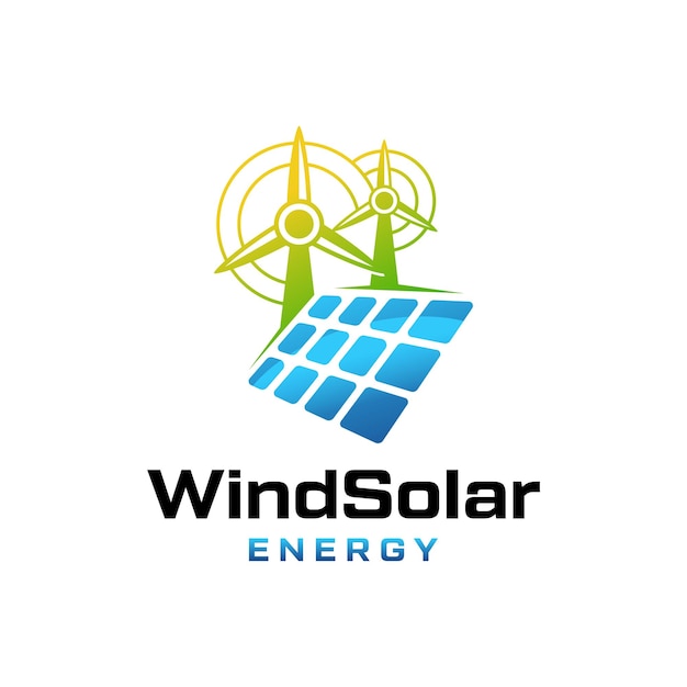 Icono de energía renovable con panel solar de turbina eólica y sol aislado en el vector del logotipo de fondo blanco