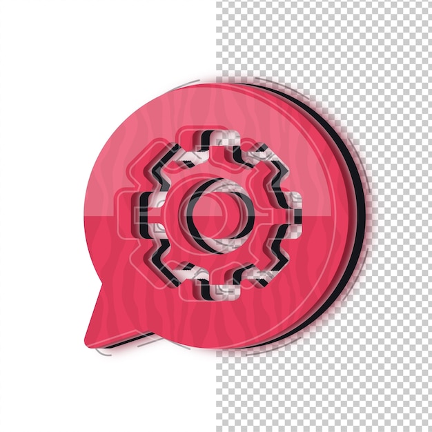 Icono de engranaje de burbuja de habla con efecto de vidrio rojo 3D con fondo editable