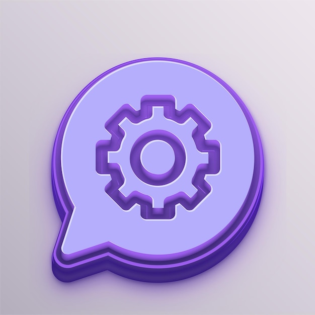 Icono de engranaje de burbuja de habla vectorial púrpura 3D personalizable para educación, negocios y medios de comunicación