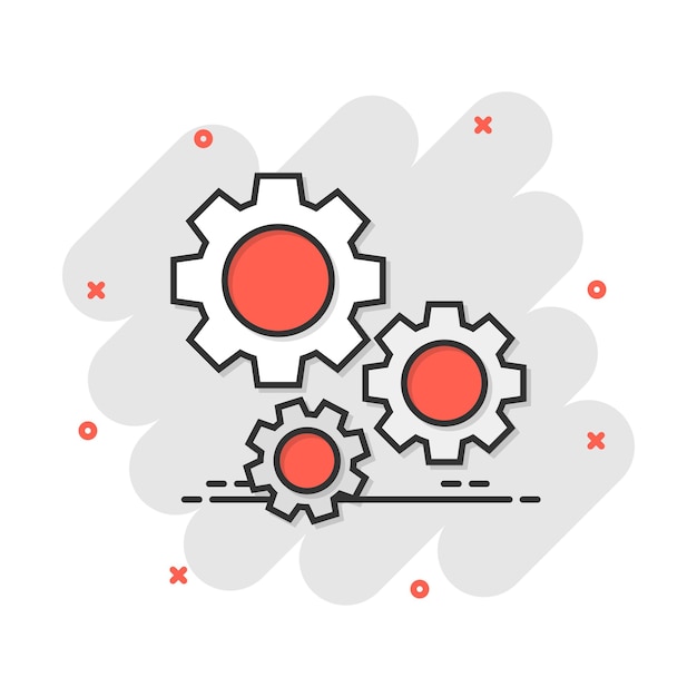 Icono de engranaje de dibujos animados de vector en estilo cómico Pictograma de ilustración de concepto de rueda dentada Concepto de efecto de salpicadura de rueda dentada de rueda dentada