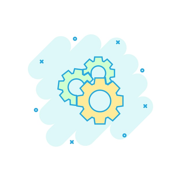 Icono de engranaje de dibujos animados de vector en estilo cómico Pictograma de ilustración de concepto de rueda dentada Concepto de efecto de salpicadura de rueda dentada de rueda dentada