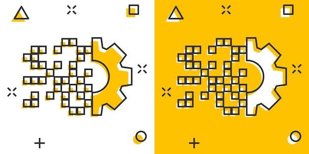 Icono de engranaje digital en estilo cómico Ilustración de dibujos animados de vector de engranaje sobre fondo blanco aislado Efecto de salpicadura de concepto de negocio de rueda Techno