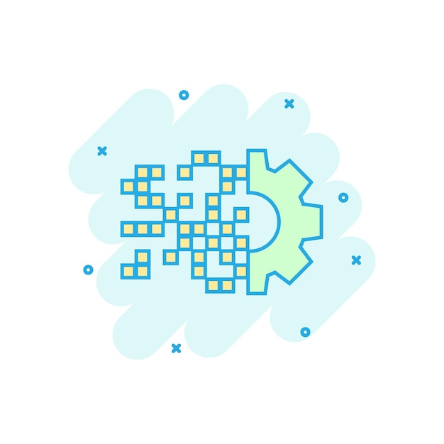 Icono de engranaje digital en estilo cómico Ilustración de dibujos animados de vector de engranaje sobre fondo blanco aislado Efecto de salpicadura de concepto de negocio de rueda Techno