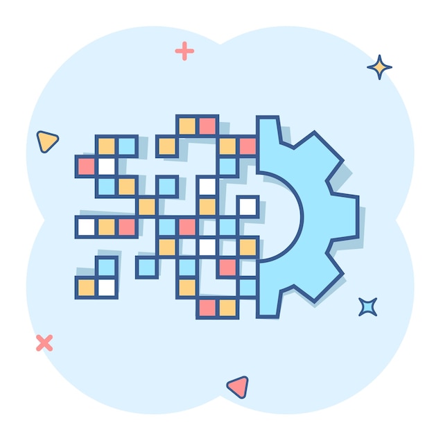 Icono de engranaje digital en estilo cómico Ilustración de dibujos animados de vector de engranaje sobre fondo blanco aislado Efecto de salpicadura de concepto de negocio de rueda Techno