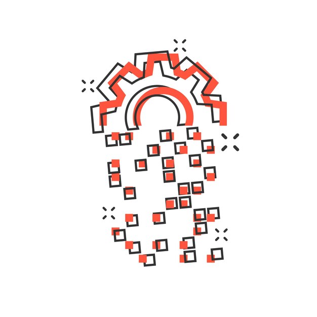 Icono de engranaje digital en estilo cómico Ilustración de dibujos animados de vector de engranaje sobre fondo blanco aislado Efecto de salpicadura de concepto de negocio de rueda Techno