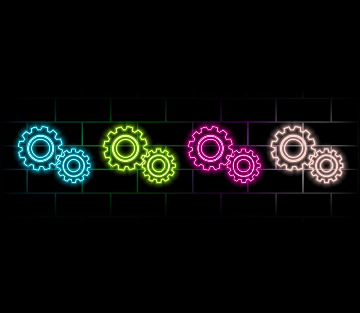 Vector icono de engranaje de neón con contorno silueta de engrenaje de neon brillante pictograma de rueda dentada proceso de ajuste técnico