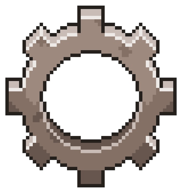 Icono de engranaje de pixel art para juego de bits sobre fondo blanco