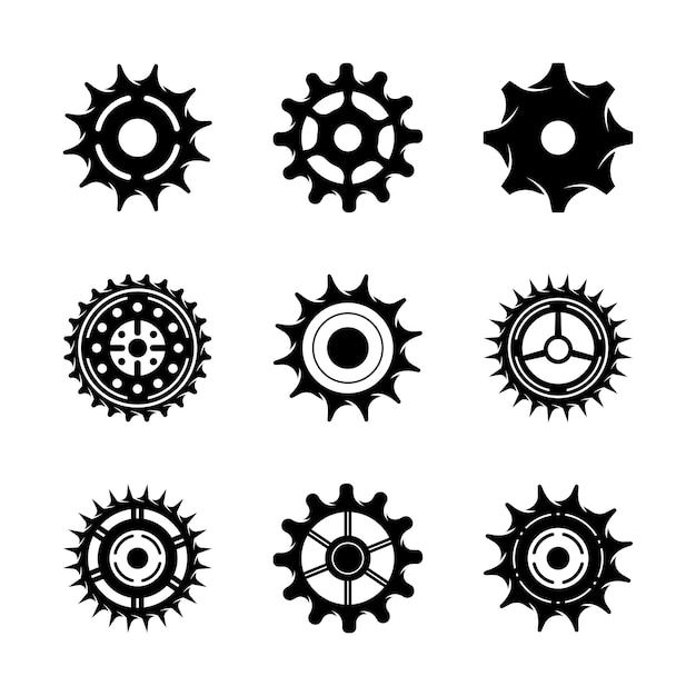 El icono de engranajes es un conjunto vectorial, el reloj es una ilustración, la colección de signos es un símbolo mecánico.