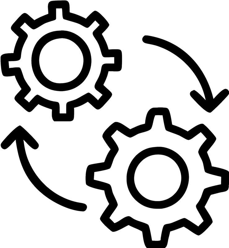 Icono de engranajes con flechas en blanco y negro