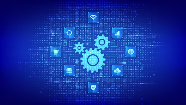 Icono de engranajes de software de automatización hecho con código binario IOT y iconos de conexión de automatización