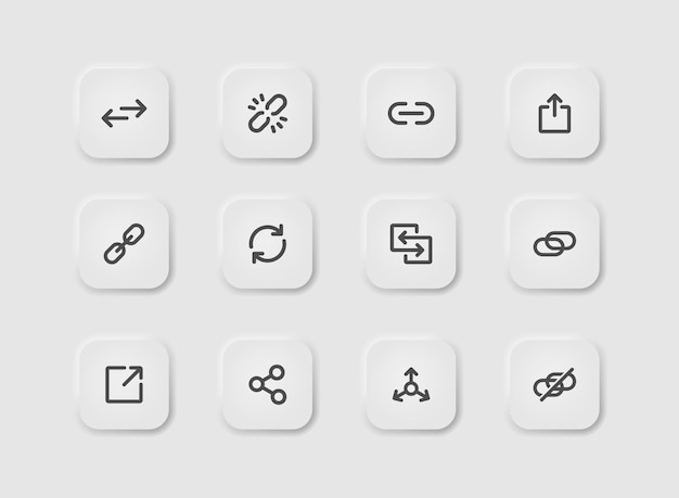 Icono de enlace establecido en estilo de neumorfismo Iconos para la interfaz de usuario blanca de negocios UI UX Símbolo de compartir Carga de hipervínculo Redirección de cadena de sitio web de url carga Estilo neumórfico Ilustración vectorial