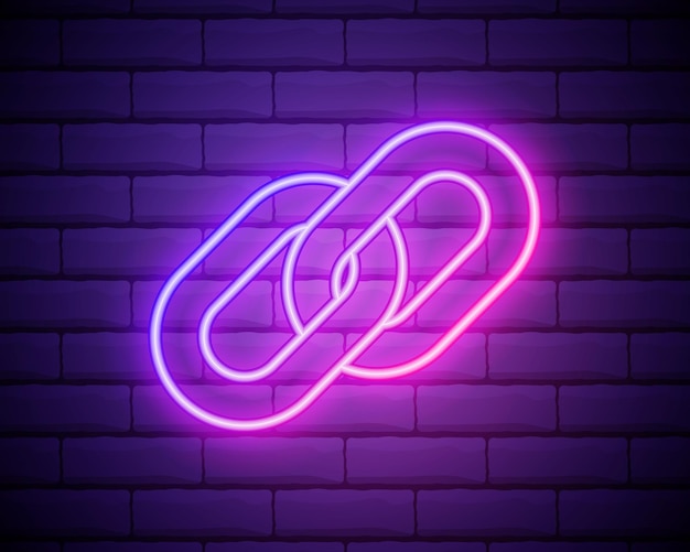 Icono de enlace Símbolo de cadena de hipervínculo Icono simple Estilo de neón rosa sobre fondo de pared de ladrillo Icono de luz