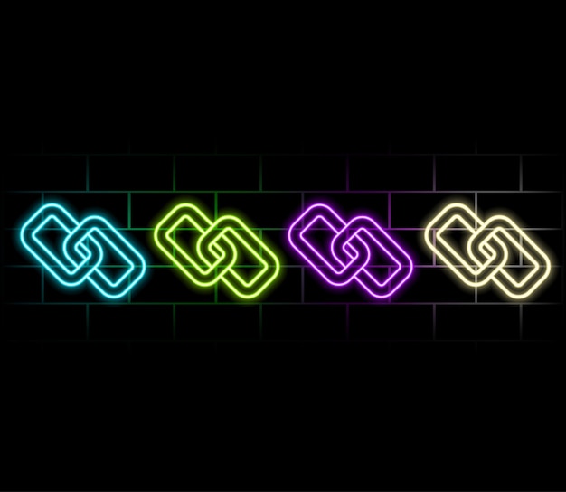Icono de enlace Símbolo de cadena de hipervínculo Icono simple Estilo de neón rosa sobre fondo de pared de ladrillo Icono de luz