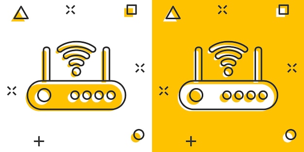 Icono de enrutador Wifi en estilo cómico Ilustración de vector de dibujos animados de banda ancha sobre fondo blanco aislado Concepto de negocio de efecto de salpicadura de conexión a Internet