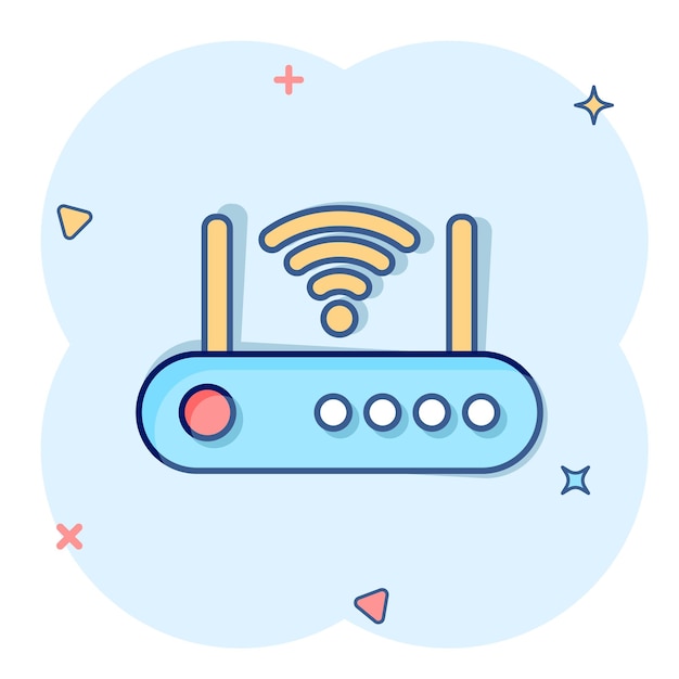 Icono de enrutador Wifi en estilo cómico Ilustración de vector de dibujos animados de banda ancha sobre fondo blanco aislado Concepto de negocio de efecto de salpicadura de conexión a Internet
