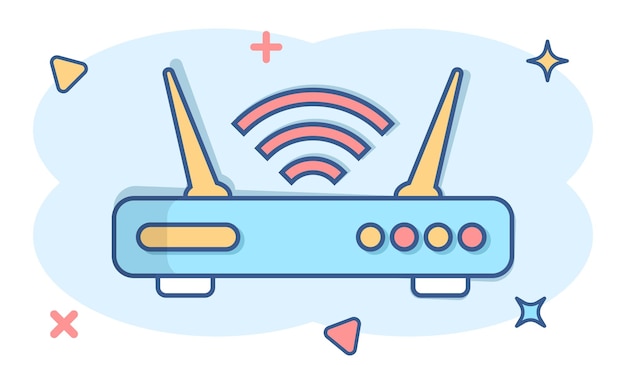 Icono de enrutador Wifi en estilo cómico Ilustración de vector de dibujos animados de banda ancha sobre fondo blanco aislado Concepto de negocio de efecto de salpicadura de conexión a Internet