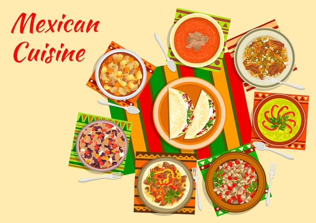 Icono de ensalada de taco mexicano servido en el centro de una mesa con sopa de tomate