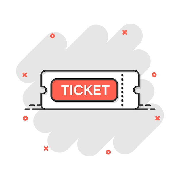 Icono de entrada de cine en estilo cómico Admitir un pictograma de ilustración de dibujos animados de vector de entrada de cupón Efecto de salpicadura de concepto de negocio de entradas