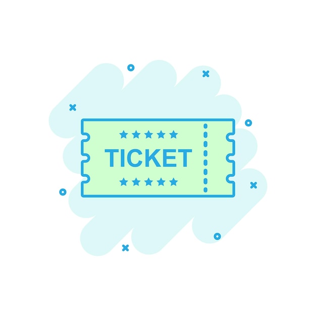 Icono de entrada de cine en estilo cómico Admitir un pictograma de ilustración de dibujos animados de vector de entrada de cupón Efecto de salpicadura de concepto de negocio de entradas