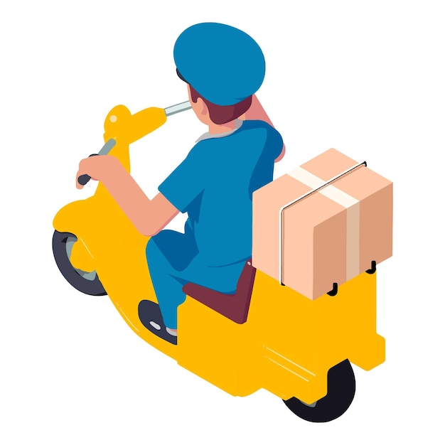 Icono de entrega de paquetes de scooter de cartero Isométrico de icono de vector de entrega de paquetes de scooter de cartero para diseño web aislado sobre fondo blanco