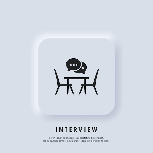 Icono de entrevista. Sala de reuniones de conferencias, tablero plano icono. Icono de concilio, reunión de negocios. Escritorio de oficina, sillas con bocadillo. Gente sentada a la mesa. Vector. UI UX neumorfica