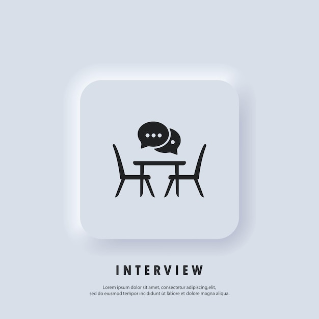 Icono de entrevista. sala de reuniones de conferencias, tablero plano icono. icono de concilio, reunión de negocios. escritorio de oficina, sillas con bocadillo. gente sentada a la mesa. vector. ui ux neumorfica