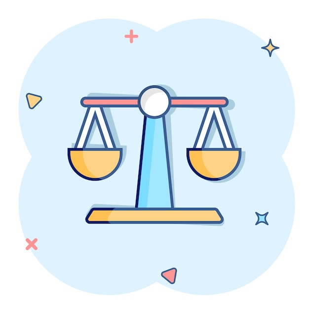 Icono de equilibrio de escala en estilo cómic Ilustración de vector de dibujos animados de justicia sobre fondo blanco aislado Concepto de negocio de efecto de salpicadura de juicio