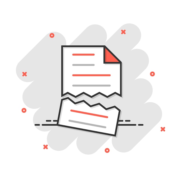 Icono de error de documento en estilo cómic Ilustración de vector de dibujos animados de informe roto sobre fondo blanco aislado Concepto de negocio de efecto de salpicadura dañado