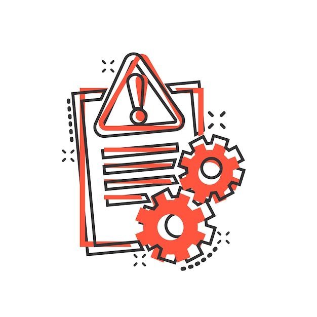 Icono de error de documento en estilo cómic Ilustración de vector de dibujos animados de informe roto sobre fondo blanco aislado Concepto de negocio de efecto de salpicadura dañado