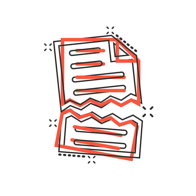 Icono de error de documento en estilo cómic Ilustración de vector de dibujos animados de informe roto sobre fondo blanco aislado Concepto de negocio de efecto de salpicadura dañado