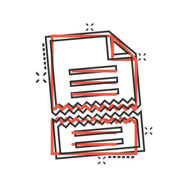 Icono de error de documento en estilo cómic Ilustración de vector de dibujos animados de informe roto sobre fondo blanco aislado Concepto de negocio de efecto de salpicadura dañado