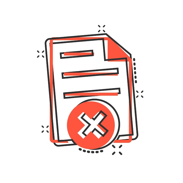 Icono de error de documento en estilo cómic Ilustración de vector de dibujos animados de informe roto sobre fondo blanco aislado Concepto de negocio de efecto de salpicadura dañado