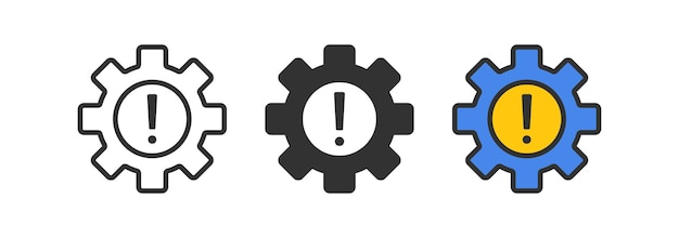 Icono de error de engranaje Símbolo de falla del sistema Señales de advertencia técnicas Símbolos de signo de exclamación Alerta de atención problemas iconos de trabajo Color negro azul amarillo Signo vectorial