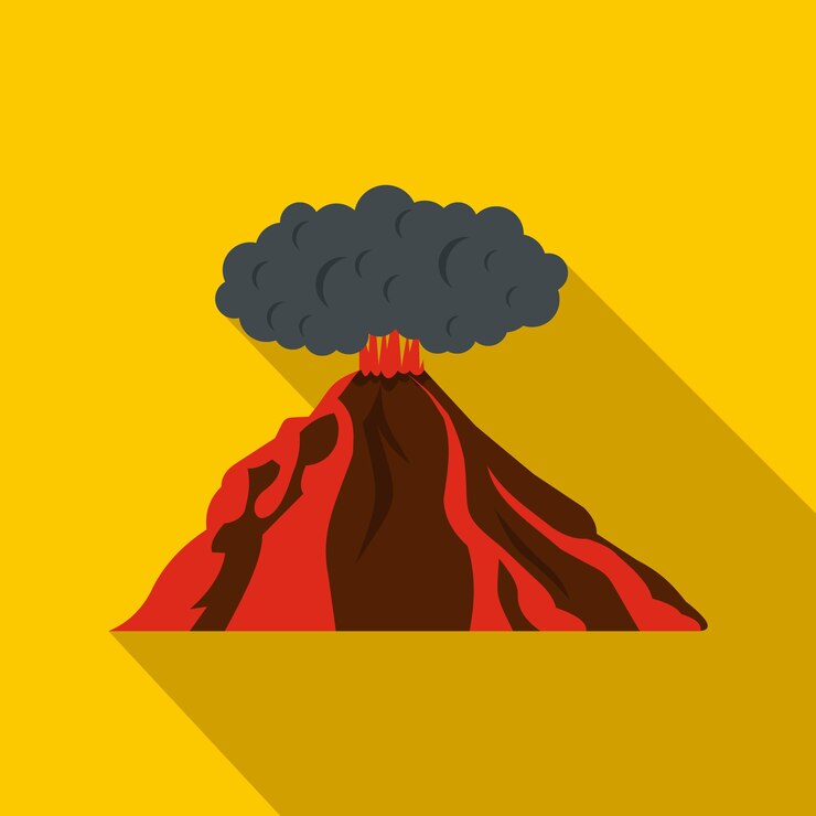 Icono de erupción de volcán en estilo plano sobre un fondo amarillo