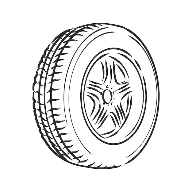 Icono de esbozo de vector de rueda de coche aislado sobre fondo
