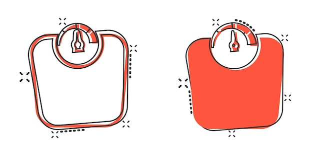 Icono de escala de peso de baño en estilo cómic Ilustración de vector de dibujos animados de medición de masa sobre fondo aislado Concepto de negocio de signo de efecto de salpicadura de sobrepeso
