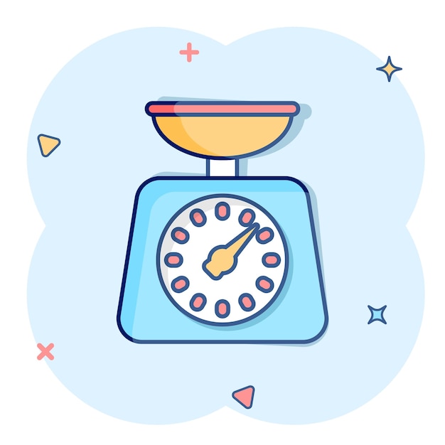 Icono de escala de peso de baño en estilo cómic Ilustración de vector de dibujos animados de medición de masa sobre fondo aislado Concepto de negocio de signo de efecto de salpicadura de sobrepeso