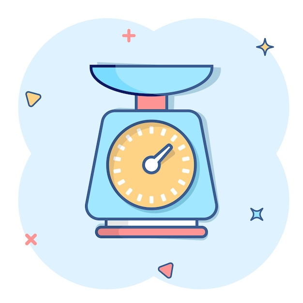 Icono de la escala de peso del baño en estilo cómico Ilustración vectorial de medición de masa en fondo aislado Concepto de negocio de letrero de efecto salpicaduras de sobrepeso