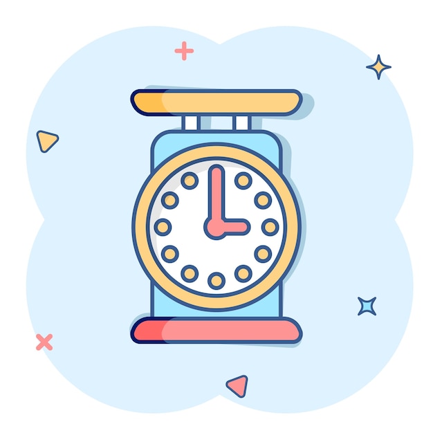 Icono de la escala de peso del baño en estilo cómico Ilustración vectorial de medición de masa en fondo aislado Concepto de negocio de letrero de efecto salpicaduras de sobrepeso